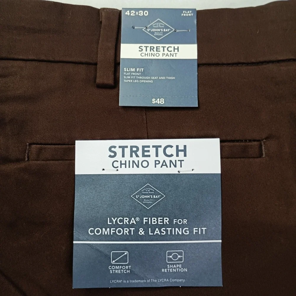 St. John's Bay Chino Pants Men's Size 42x30 Chocolate Slim Fit Comfort Stretch